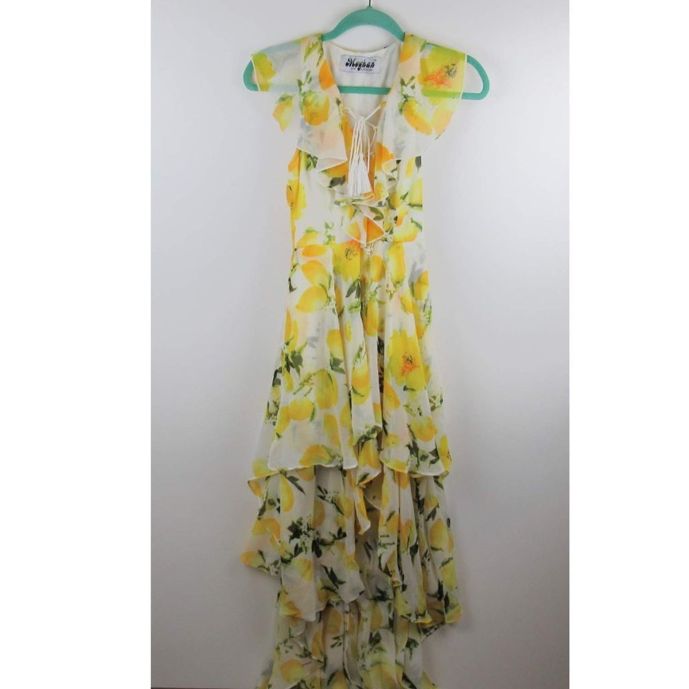 Meghan Los Angeles Lemon Ruffle High-Low Maxi Dress sz S
